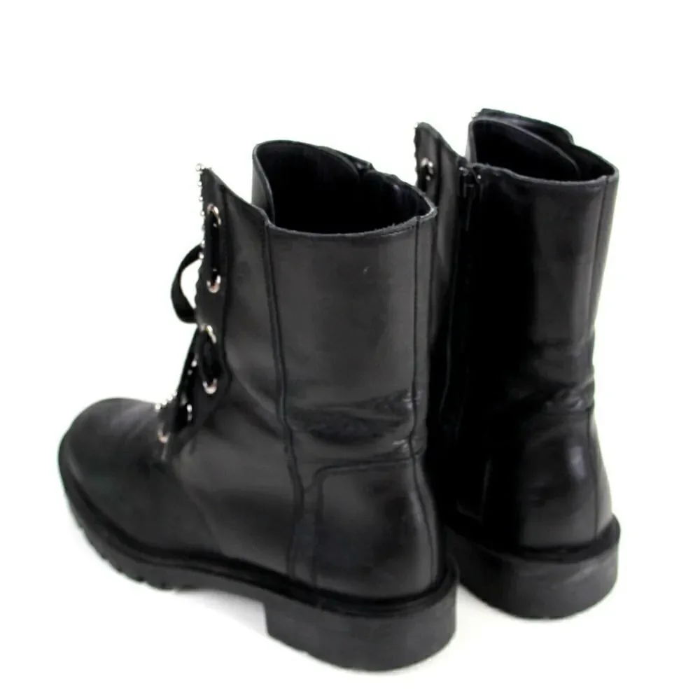 Zara BLACK GENUINE LEATHER ZIP SIDE LACE UP LOW HEEL ROUND TOE ANKLE BOOTS Sz 37